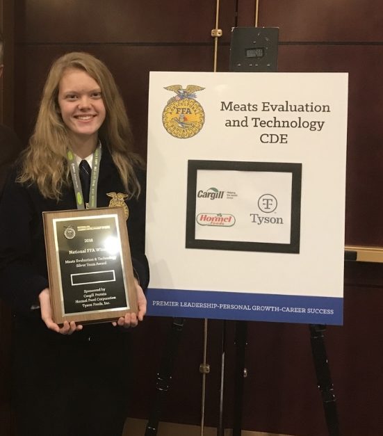 Blood with her 2018 CDE Meat, Evaluation and Technology plaque. “Our team was with 3 people and we placed silver,” said Blood. She will be coaching this CDE next year in the fall. She is looking forward to competing at the state level.