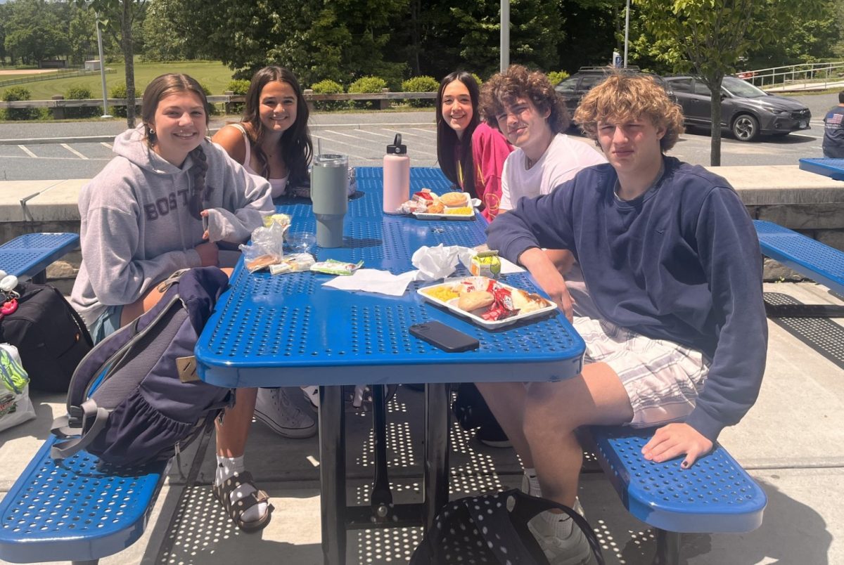 From left, Nonnewaug students Ella Quinn, Olivia Gwiazdoski, Julia Gwiazdoski, Eddie Longo, and Robert Metcalfe sit outside to each lunch. Students often have to take into account the weather when choosing their outfit for the day -- but they also need to take into account the schools dress code.