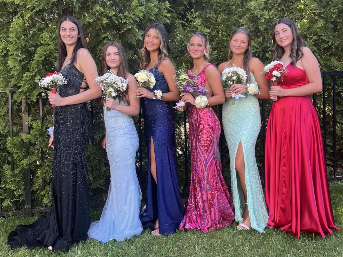 From left to right, Nicole Cappelli, Kiley Stampp, Skylar Chung, Ireland Starziski, Maylan Hardisty, and Samantha Duncan all pose together before heading to their senior prom night. The Monday after prom is the traditional date for senior skip day. (Courtesy of Maylan Hardisty)