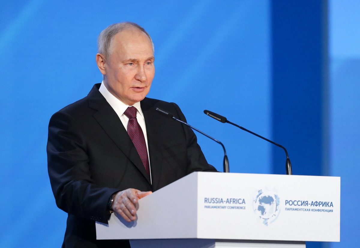 Russian president Vladimir Putin speaks at a 2023 conference in Moscow. (Courtesy of Russian State Duma/Wikimedia Commons)