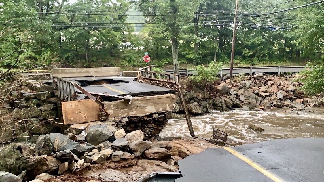 The bridge on Route 67 in Oxford was completely destroyed by the large amount of rainfall.
