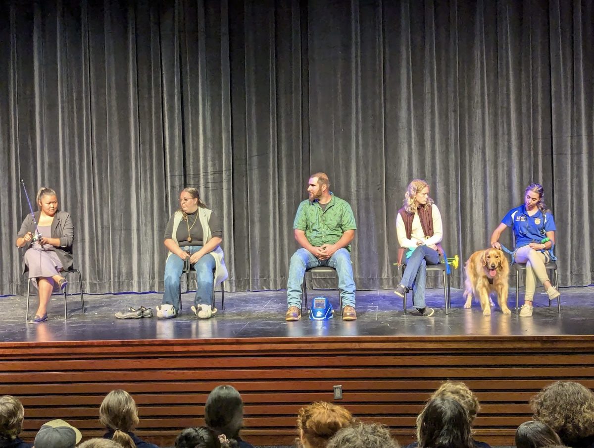 During the ag meeting Sept. 27, from left to right, Leanne Foster, Kathleen Gorman, Andrew Zielinski, Gillian Blood, Teddy, and Jesse Hungerford talked about and answered questions that students may have had about the going into the ag industry.