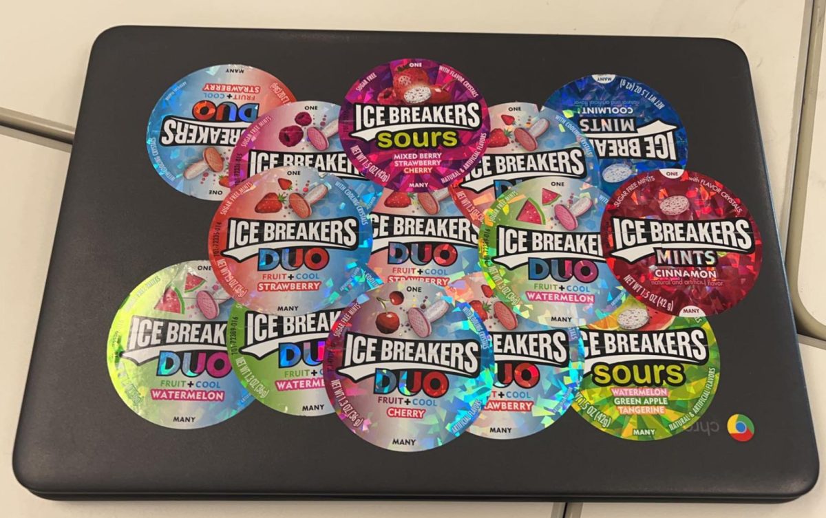 Before handing in old Chromebooks, students had to remove stickers, like these from Ice Breakers cans.