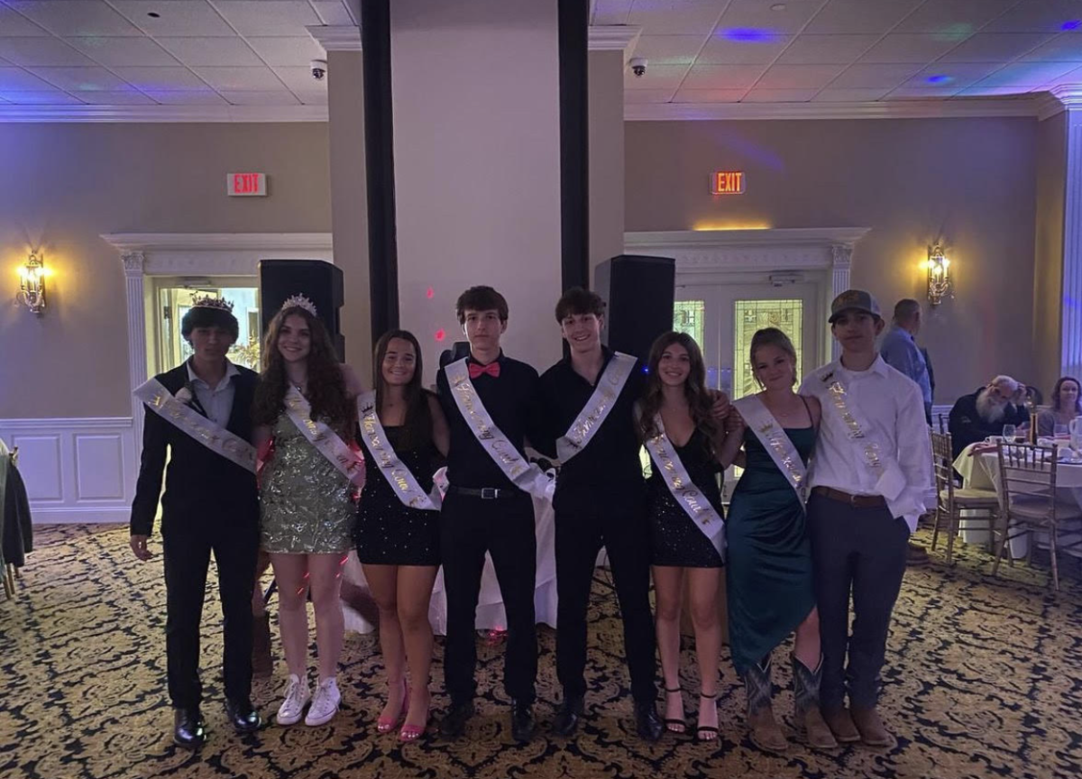 Nonnewaug 2024 homecoming court winners, from left, Gavin Sandor, Chloe Weaver, Olivia Gwiazdoski, Thatcher Budris, Luke Lodice, Addi Bushka, Brooke Stokes, and Justin Maddox. (Courtesy of Nonnewaug High School/Instagram)