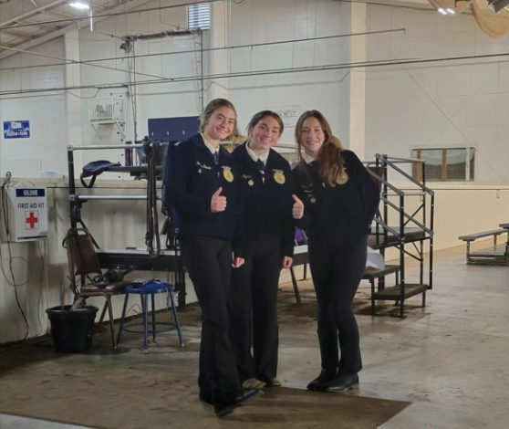 From left, Jocelyn Coscia, Emma Bigman, and Christa Freel, three FFA members from Woodbury, went to the UConn horse barn to prepare for the Horse Evaluation competition at UConn this fall. (Courtesy of the Woodbury FFA/Instagram) 