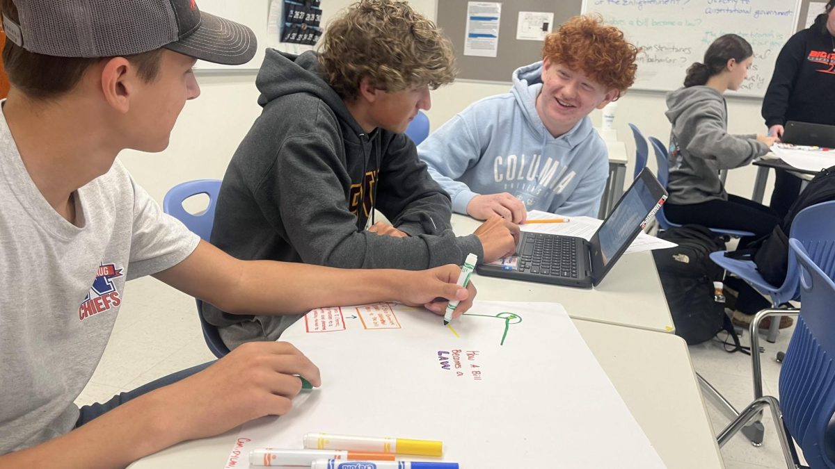 From left, Max Lapke, Dylan Diezel, and Camden Jones work during Tribe. Students use their time wisely to meet with peers to work on group projects. This is a beneficial time for the kids who don't have rides after school to get to other people's houses. (Courtesy of Billy Calabrese)