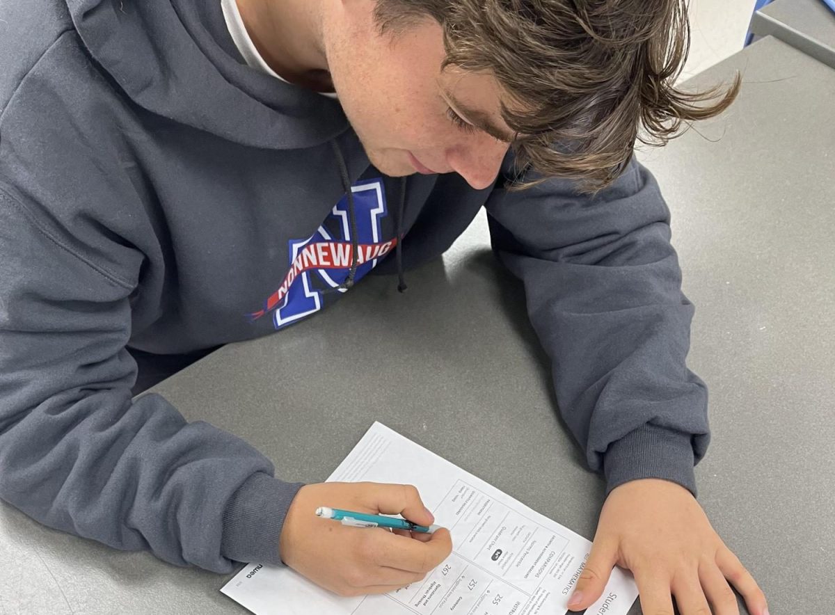 NHS senior Noah Sapack reviews his NWEA score on the math section and creates a bar graph to track his growth throughout the year. Each student is provided with a copy of their test scores so they can see specifically what areas they need to improve. 