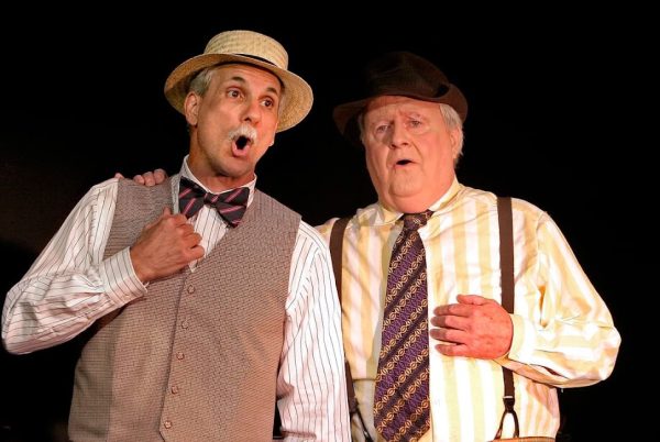 Cast members for the Warner Theater’s Nancy Marine Studio Theater’s production of “Fantasticks!”, Steve Sorriero, left, plays the part of Bellomy and Jeff Savage of Litchfield plays the part of Hucklebee, during the rehearsal at the theater in July 2005. (Courtesy of Jim Shannon)