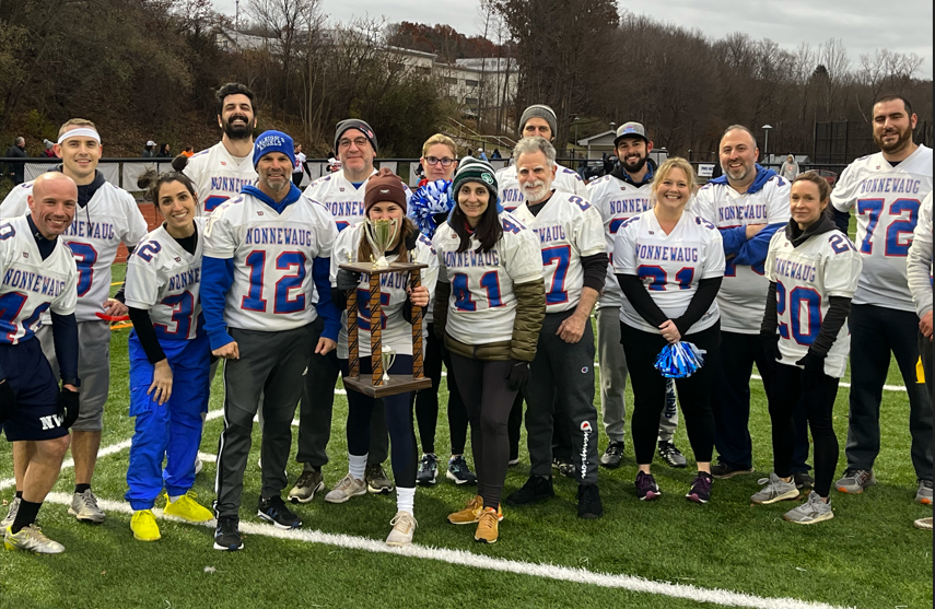 Teachers from the 2023 Corn Bowl at Nonnewaug High School hold their trophy and celebrate victory over a 33-32 win over the Class of 2023 senior boys. This year’s matchup will take place Monday, November 25th. 