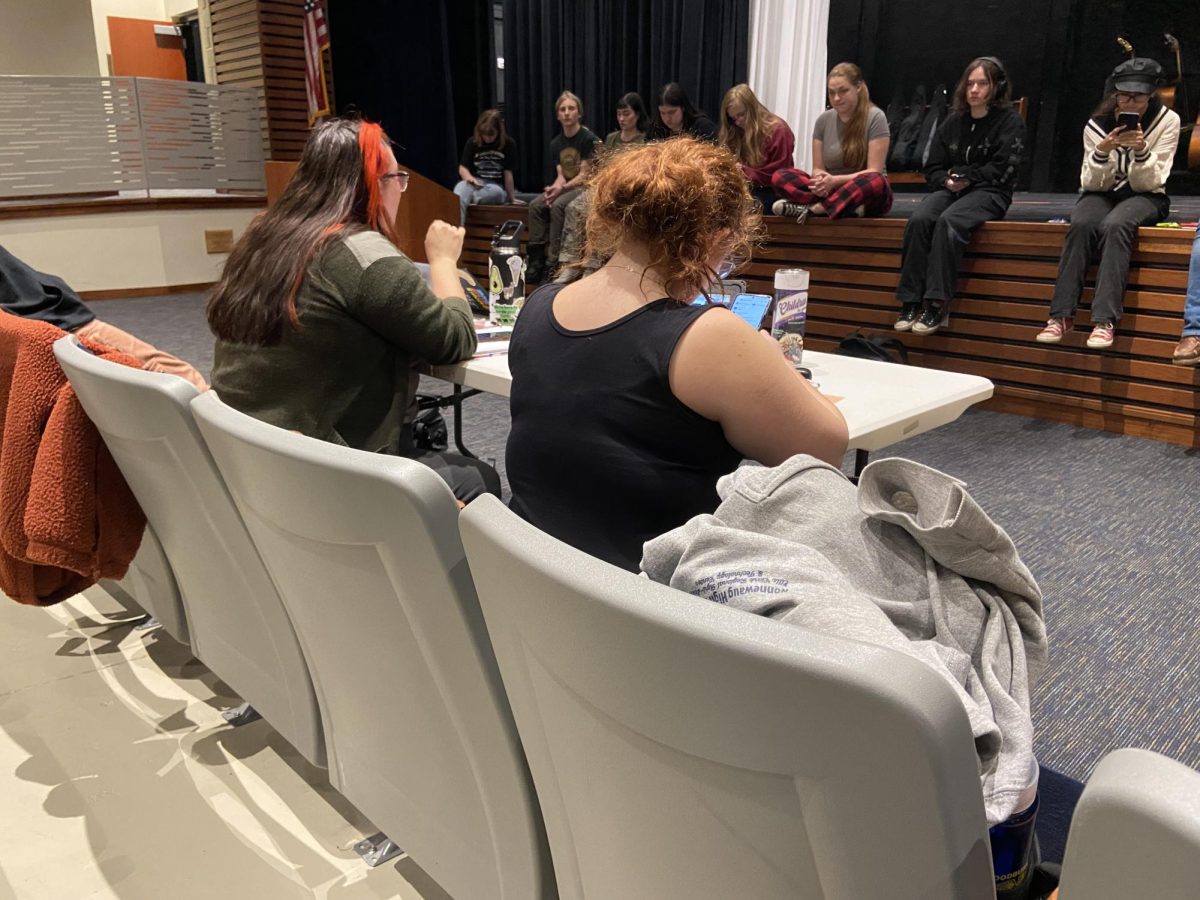 Director Catherine Pelky and stage manager Kelsey Santerre-Piazza go over new business with drama members. “My role as a stage manager is to take notes,” says Kelsey Santerre-Piazza, a current NHS student and Drama club member.  “During our meeting on important news and taking blocking notes while reading through the script with actors, making lists on characters' costumes, set pieces, and background items.”