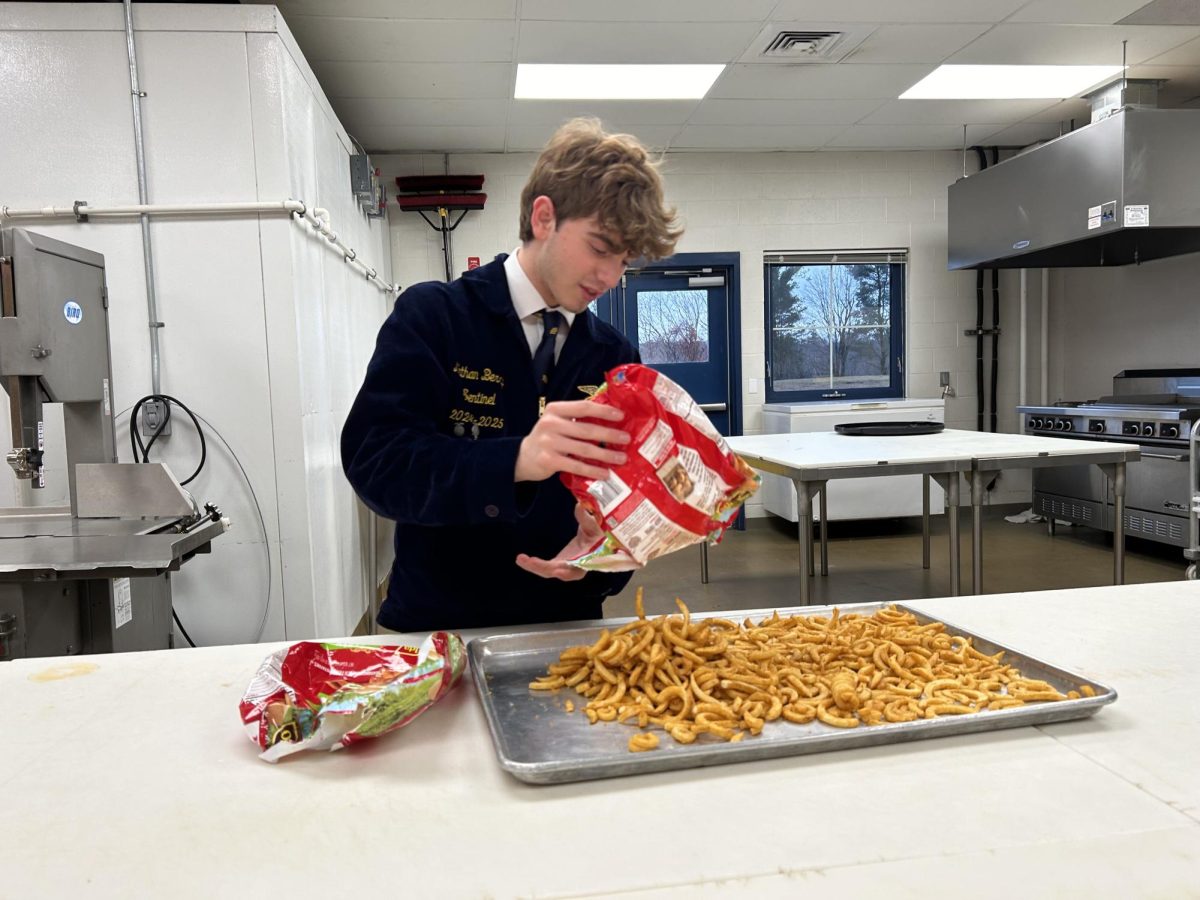 Woodbury FFA officer Nate Berry prepares the food for the Thanksgiving feast. Students snacked on an assortment of French fries, chicken nuggets, and other snacks while they played board games and socialized. 
