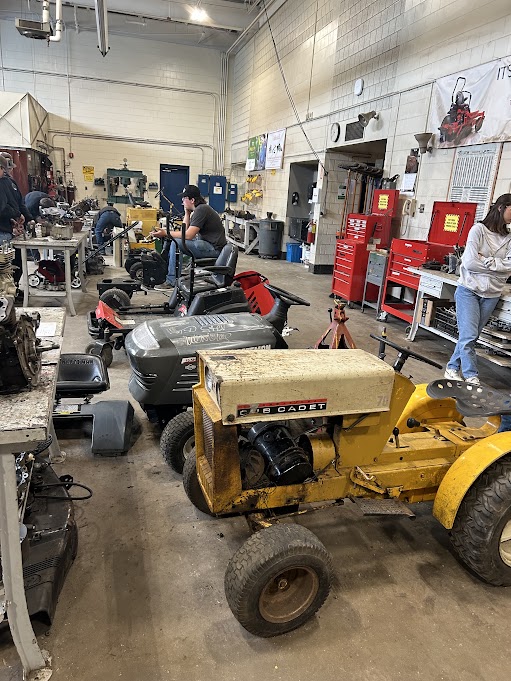 These are most of the lawn mowers that were brought in by students to rebuild. Some of the brands are John Deer, Cub Cadet, Craftsman, and Bolens. Students are expected to develop mechanical skills needed to work on any type of engine, regardless of model.