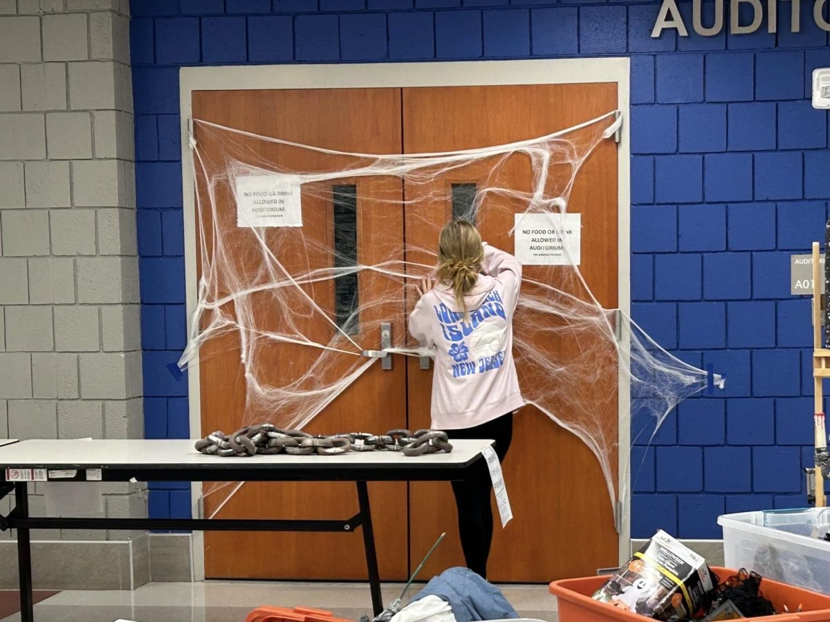 Maci Johnson sets up a spider web decoration during Trick or Treat Street on October 26th. 