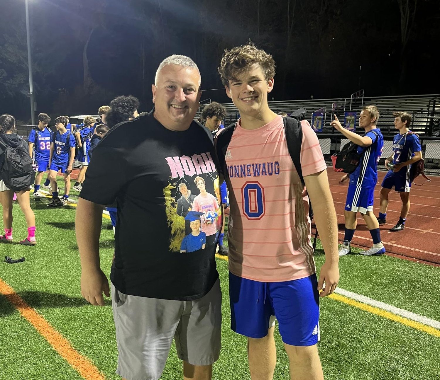 Coach Toby Denman celebrates Noah Sapack’s senior night by wearing him on his T-shirt. It was a bittersweet moment Sapack and Denman shared at the end of Sapack's high school soccer career, but Denman has no doubt that they will maintain some sort of relationship after he graduates -- “hopefully a close one.” (Courtesy of Toby Denman)