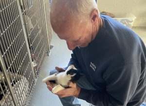 Ag custodian Mike Chilinski cares for kittens after school. He always ensures they have food and water before he leaves. (Courtesy of Jesse Hungerford) 