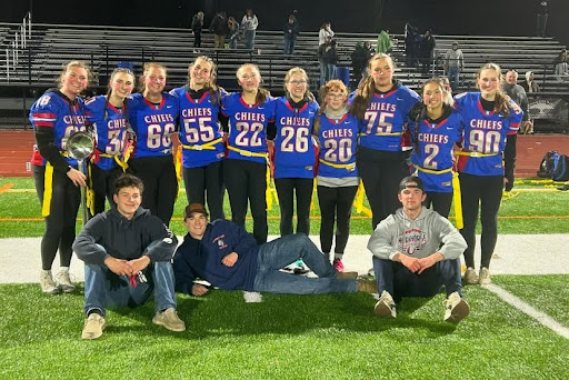 The seniors pose after winning the 2024 powderpuff football game. (Courtesy of Kyle Brennan)