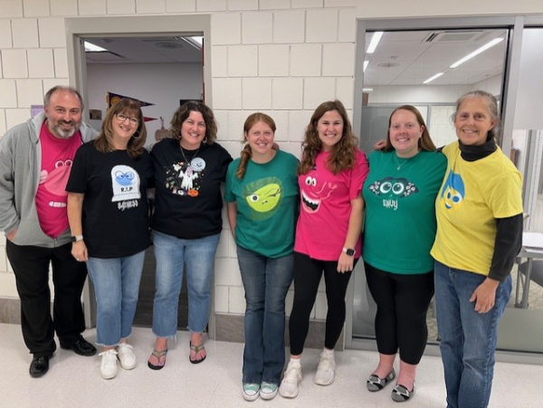 Pisano (center) poses with the other math teachers during a Halloween Inside Out costume collaboration. She always finds new ways to bring joy to her classroom to keep her students happy, motivated and ready to learn. 
 Photo Credit: Contributed 