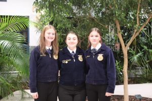 From left, Danielle Falls, Ashlynn Graziano, and Mallory Jean Johnson composed the poultry judging CDE this fall. The team was not complete with only three people. (Courtesy of Katie Gorman)