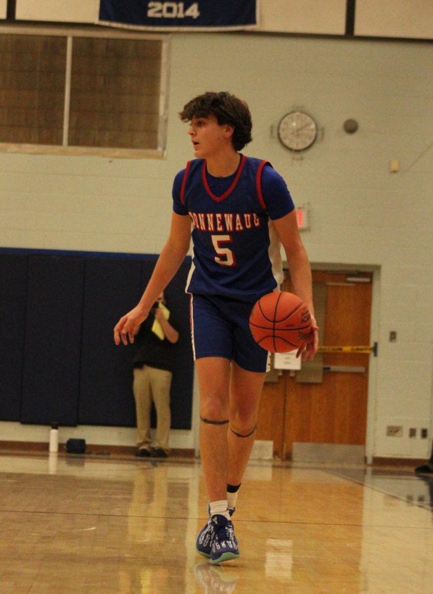 Junior Brady Herman dribbles the ball during Nonnewaug boys basketball game against Shepaug on Jan 3.  