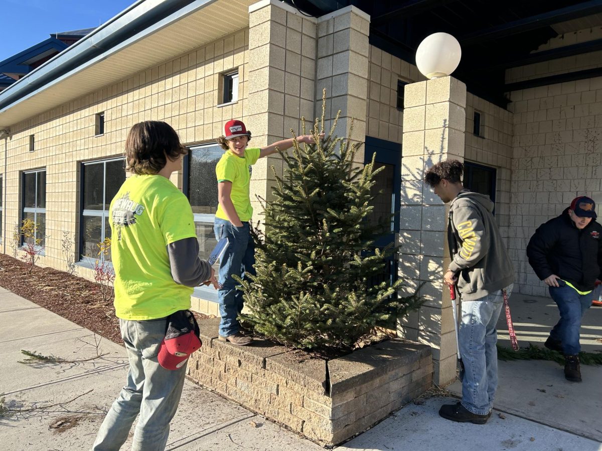 Lanscaping students (left to right) Wesley Clow, Josh Spataro, and Rocco Varone set up and centered the trees that they chose to incorporate into their design. 