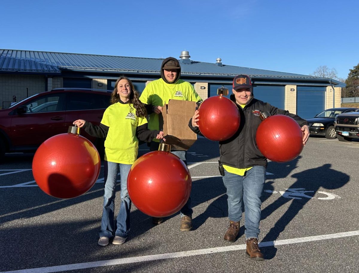 Landscaping students (left to right) Lainey Scanlon, Mac Hanecak, and James Gwiazdoski prepare the oversized ornaments for the winter display. Students spent multiples classes planning, setting up, and alternating the holiday themed installation.