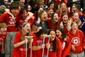 Juniors compete at the Red Out pep rally during a screaming contest. This might be a way for juniors to get out their anger at having promised upperclassmen privileges taken away from only them.