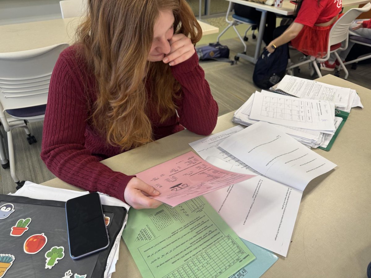 Paloma Koemp studying for a chemistry test with papers. Even though it can get messy, Koemp says I help her remember everything and writing it down helps with muscle memory when compared to working on a Chromebook.  