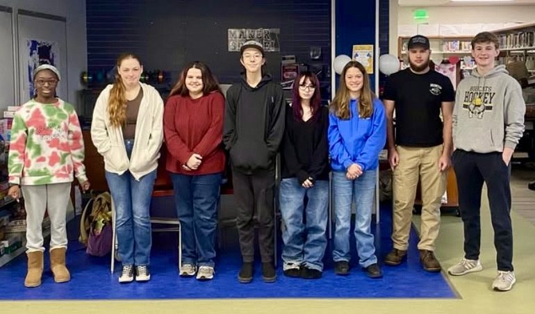 Students pose at a recent Chiefs With Character breakfast. From left, Kaylie Haughton, Lilah Okoski, Bishop Aldrich, Autumn Buonauto, Olivia Thompson, Nathan Hayes, and Cam Packett. (Courtesy of Nonnewaug High School/Instagram)