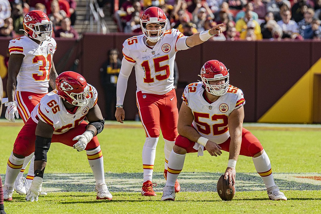 Chiefs quarterback Patrick Mahomes directs the Chiefs' offense in 2021. He has won three Super Bowl titles but lost this year to the Eagles. (Courtesy of Joe Gloriosi/Wikimedia Commons)