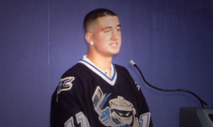 A.J. Galante introduces the Danbury Trashers' new uniforms along with first signing in the team's second press conference in 2004. (Courtesy of A.J. Galante)