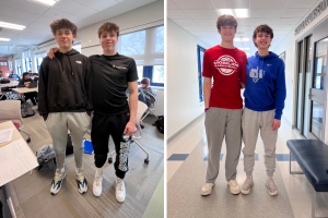 Nonnewaug juniors, from left, Ethan Wild and Jake Cenatiempo, and seniors, from right, Thomas Lengyel and Matt Shupenis pose before answering questions about each other.