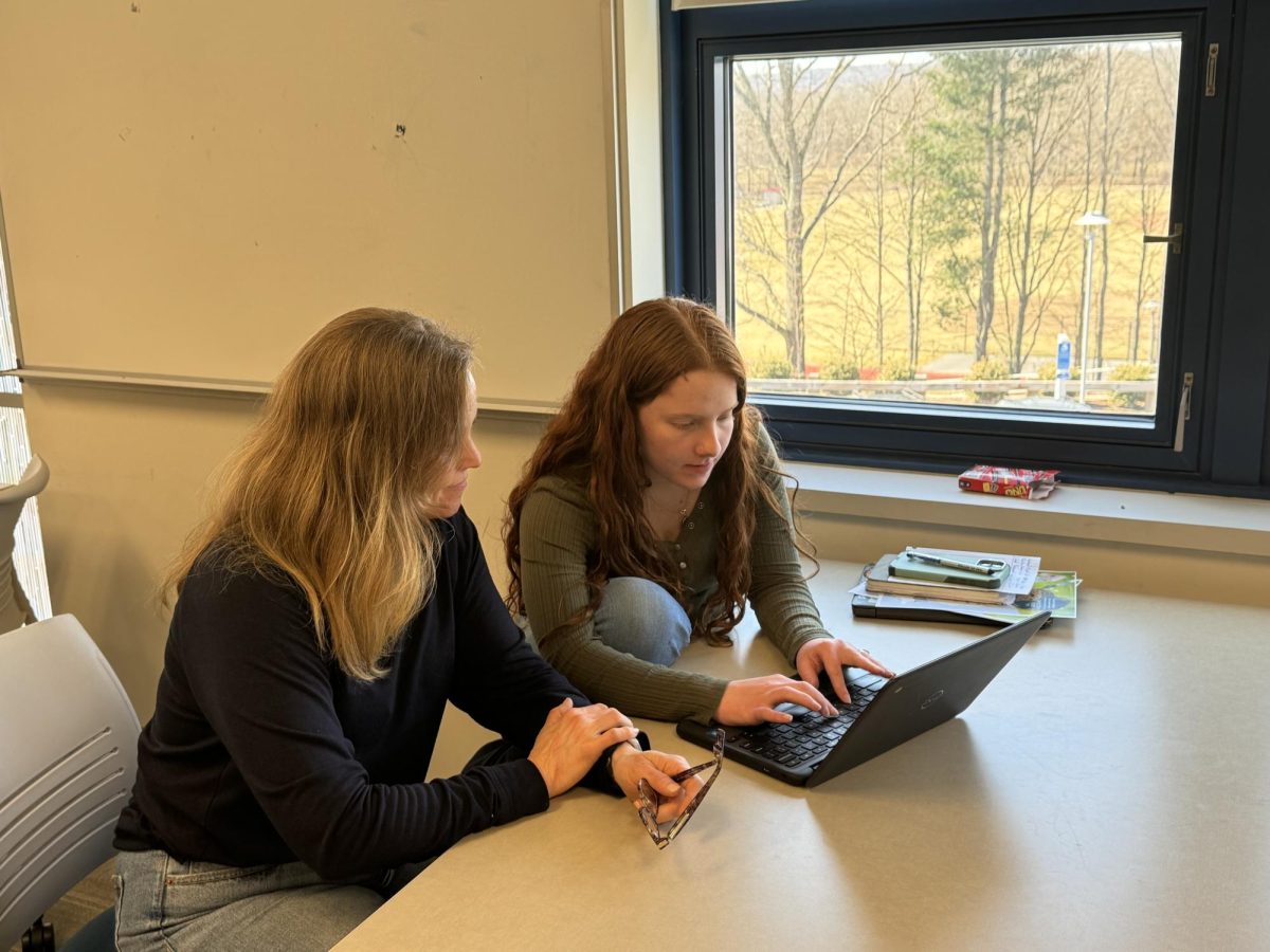 Library assistant Dawn Maletzke, left, helps senior Chloe Walsh edit an essay.