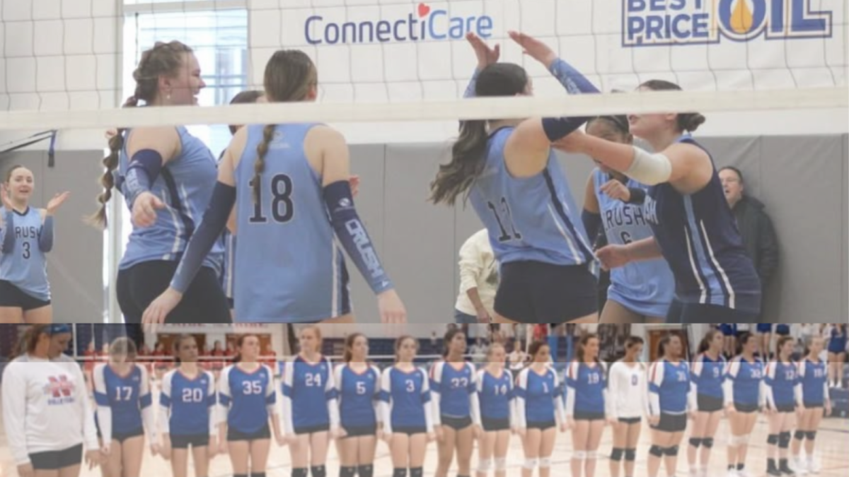 Pictured on top is a club volleyball game, compared to a school volleyball team. Club sports offer way more opportunity, and are overall better and more beneficial than high school teams. (Courtesy of Nonnewaug Volleyball Instragram/ Ava RIckebach Instagram)