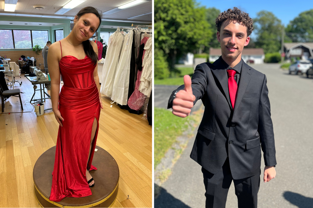 Maya Hines, left, poses in a dress that she received from a family friend for free. J.J. Lingley, right, poses with a thumbs up in his suit rented from Macy’s. (Courtesy of Maggie Hines and J.J. Lingley)