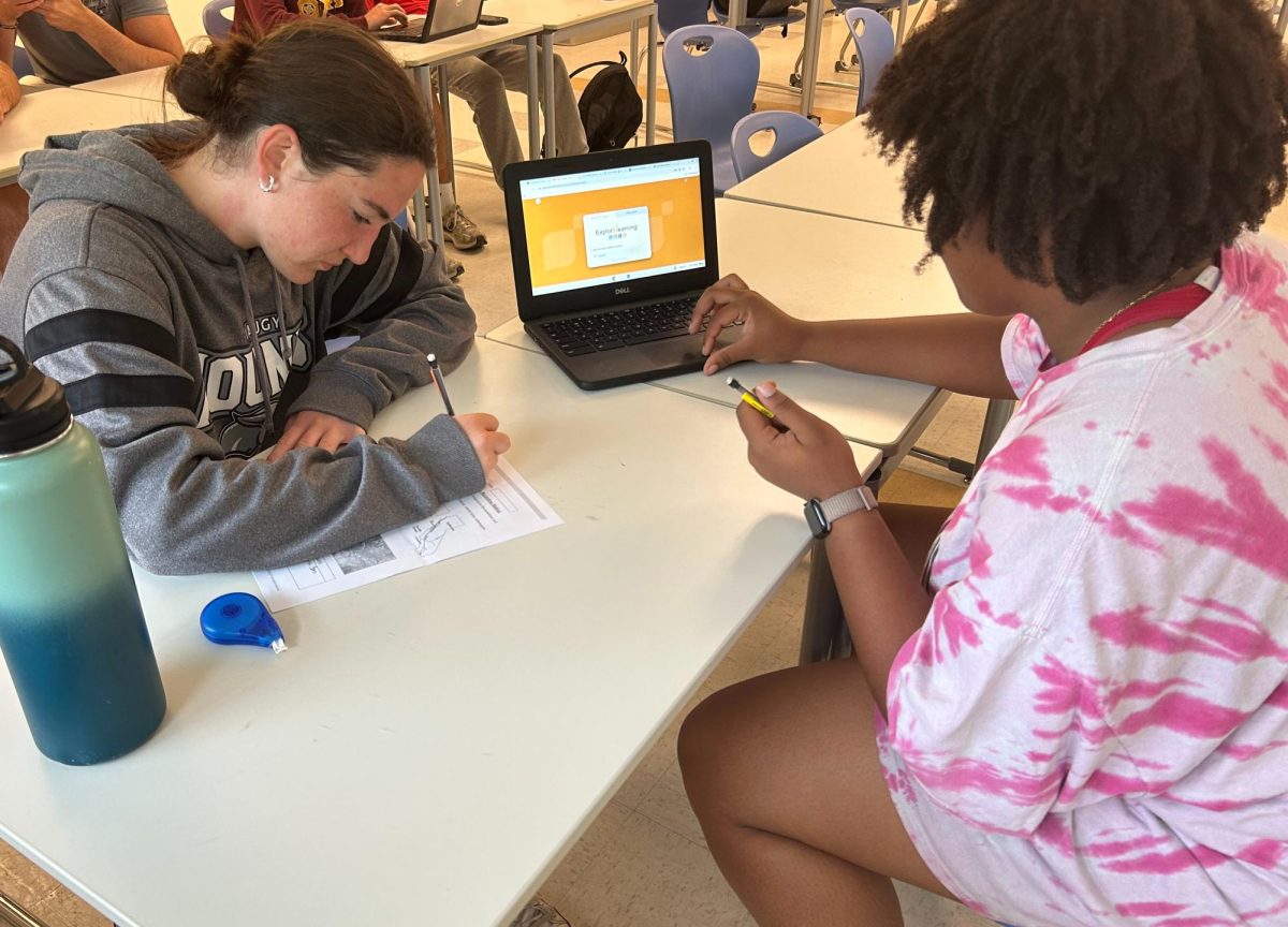 Chloe Whipple (left) and Jazzy DelPrincipe (right) work together on their work as the school year comes to an end. Class of 28’ is reaching its last days of their first year, while finals are coming their way, they also get to think about how their first experience was at NHS. 