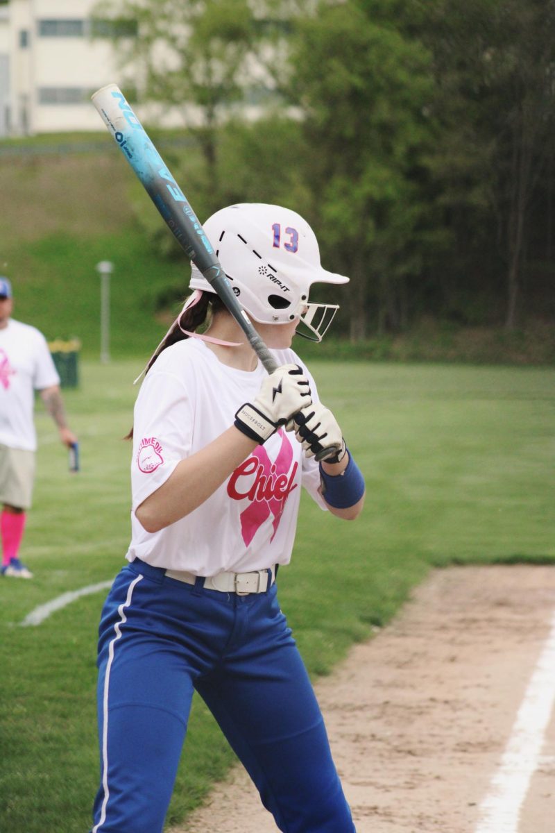 Nonnewaug freshman Ashlynn Blum gets ready to hit during the NHS softball game on May 9. 