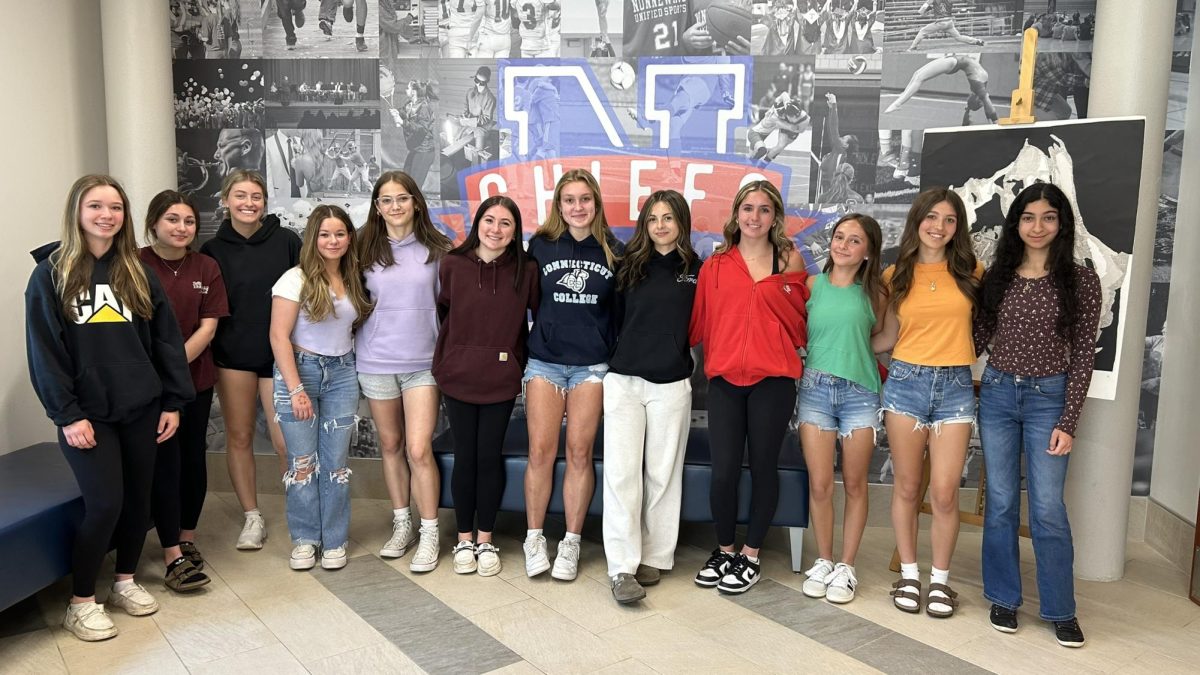 Chief Advocate editors gathered for a group photo May 13 to celebrate a second consecutive SNO Distinguished Site recognition; from left, Brianna Johnson, Ava Hustek, Juliana Bailey, Morgan Willis, Katie Savulak, Anna Crocker, Maia Colavito, Hailey Goldman, Audrey Doran, Ava Hirleman, Addison Bushka, and Jano Nakhla. (Kyle Brennan photo)