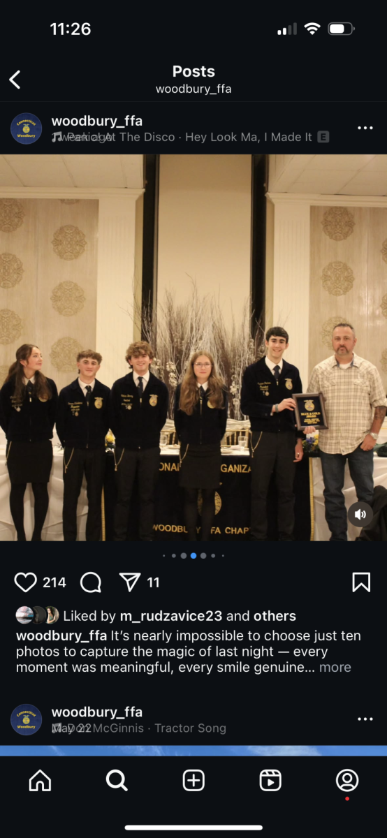 Chapter Officers for the 2024-2025 year stand at banquet proud pf what they have been able to accomplish this year. From left, Christa Freel, Connor Cabeleira, Nate Berry, Abegail Diezel, Luciano Pedros. Chris Griffin, on the far right, received the Blue and Gold Award. (Courtesy of FFA Instagram)
