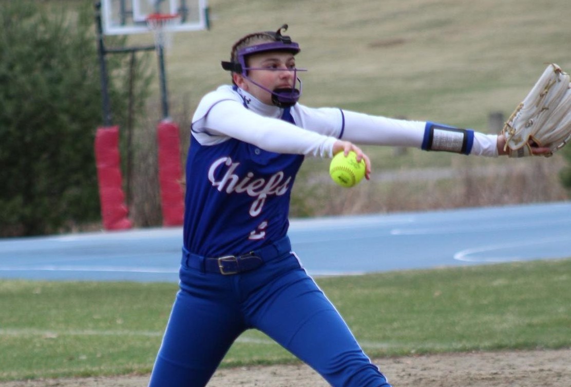 Scarlett Ivey pitches against Gilbert earlier this season. Ivey is one of the top reasons why the Nonnewaug softball team went undefeated in Berkshire League play. (Arabella Rosa '25)