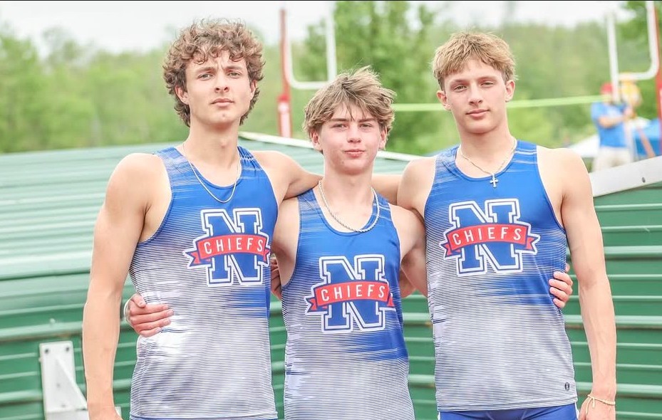 Nonnewaug's boys 400-meter runners, from left, Thomas Lenygel, Brycen Gagne, and Robert Metcalfe pose at the BL track championships May 17 in Litchfield. (Courtesy of Noreen Chung)