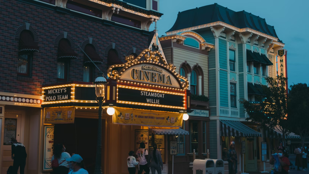 The Disneyland Main Street Cinema plays the, "SteamBoat Willie" movie that originally was created in 1928.