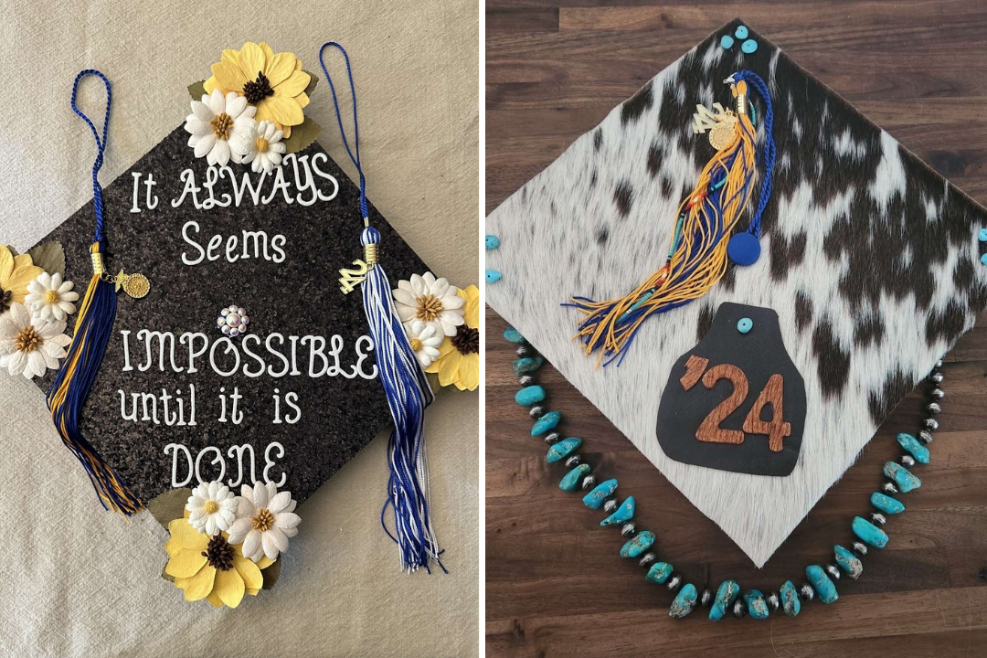 Graduation caps from 2024 graduates Caroline Kyrytschenko, left, and Shanyn Hardisty. (Courtesy of Caroline Kyrytschenko and Shanyn Hardisty)