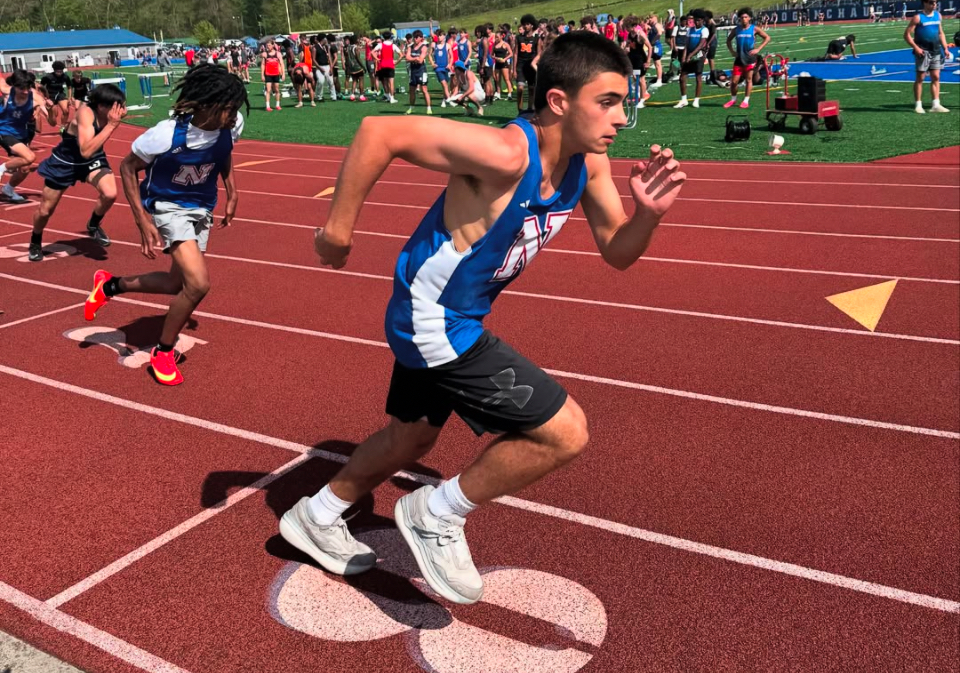 Joey Boyne takes off in a race earlier this season. (Courtesy of Nonnewaug track and field/Instagram)