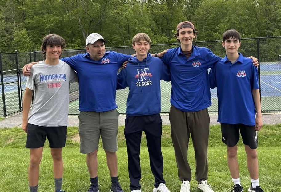 Nonnewaug had four All-BL tennis players this year; from left, Jackson Brent, coach Nick Sheikh, Alex Tracy, Mason Norris, and Luke Primini. (Courtesy of Nonnewaug boys tennis/Instagram)