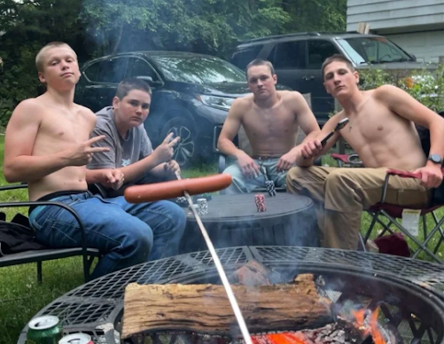 Nonnewaug sophomores, from left, Cashlyn Medonis, Andrew Williamson, Maddox Poythress and Luke Lodice, pose for a picture after getting buzzcuts. (Courtesy of Maddox Poythress)