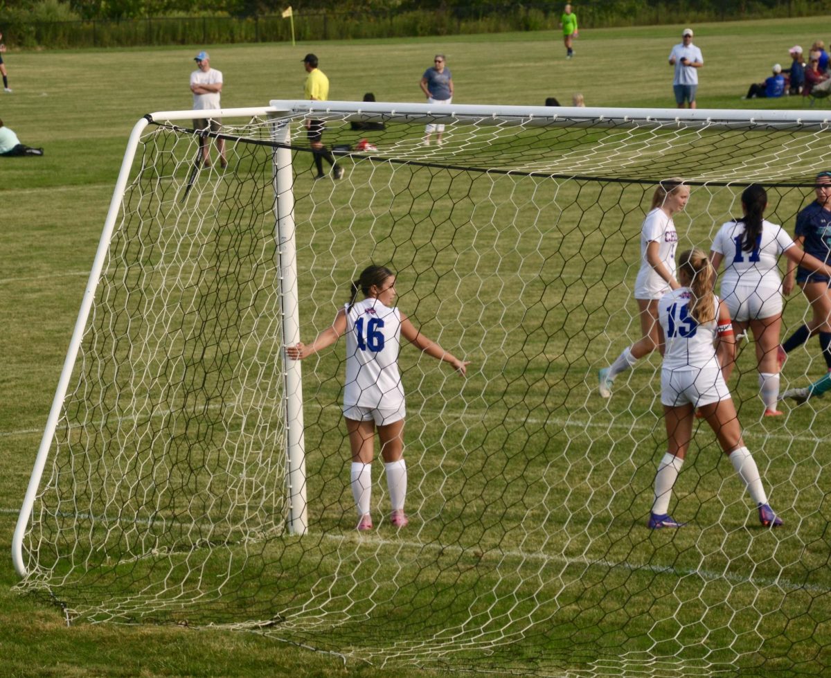 Nonnewaug girls soccer team looks to defend an incoming corner kick from Lakeview girls socccer on Sep. 5th.  (Courtesy of Greg Toon)