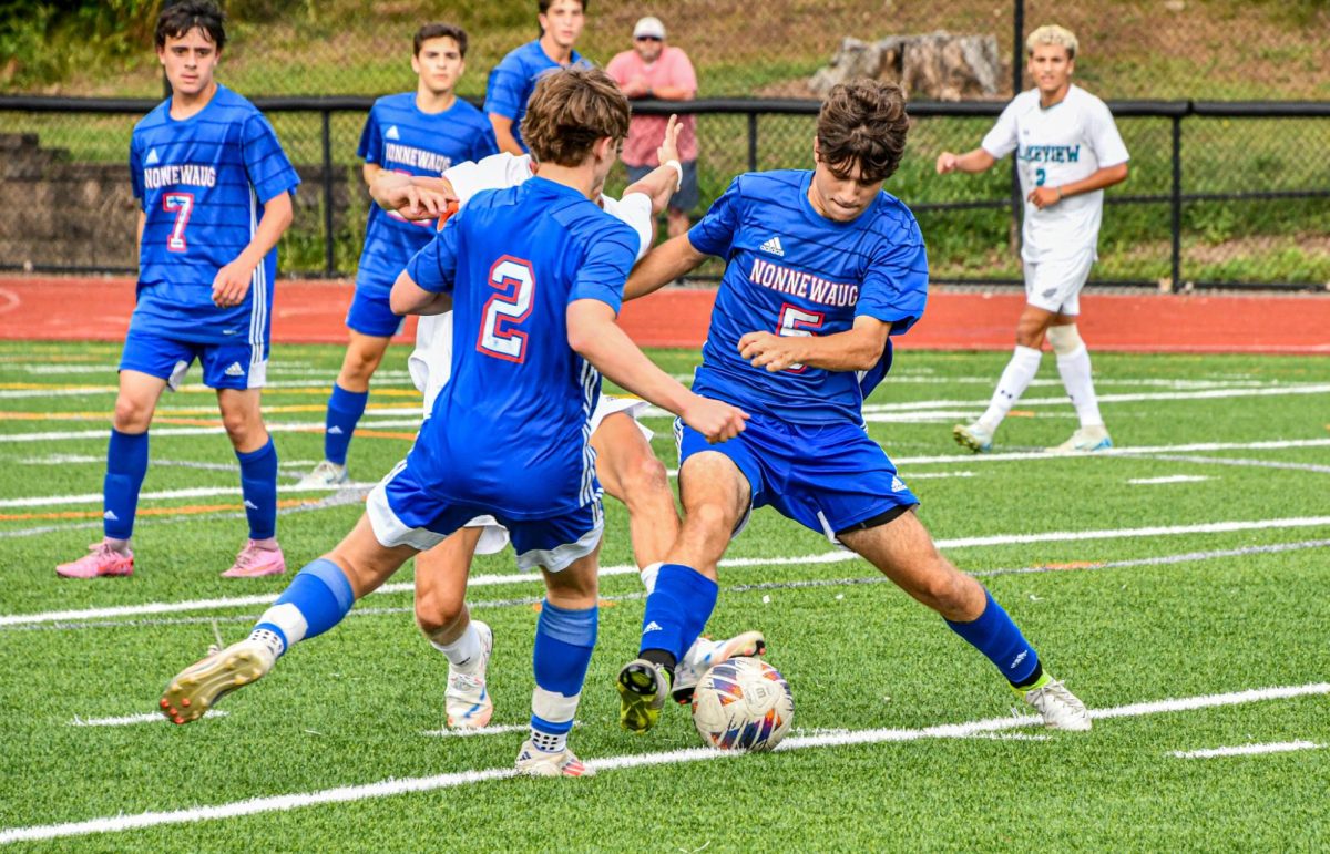 Brycen Gagne (2) and Nesim Iljazi (5) team up to defent the player with the ball on Sep. 5 against the Lakeview Bobcats. The Chiefs won 2-0.