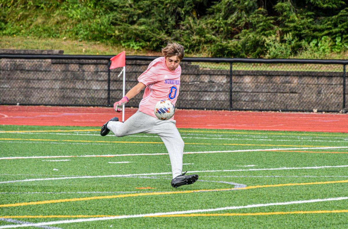 Rolfe Brindle (0) saves a goal and kicks the ball to his teammates on Sep. 5 against the Lakeview Bobcats. The Chiefs won 2-0.