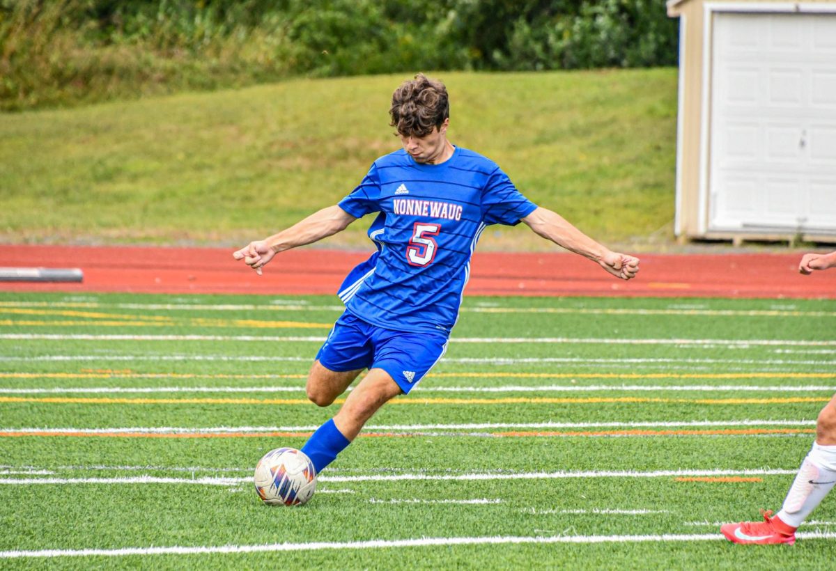 Nesim Iljazi (5) kicks the ball after a saved shot from the opposing team on Sep. 5 against the Lakeview Bobcats. The Chiefs won 2-0.