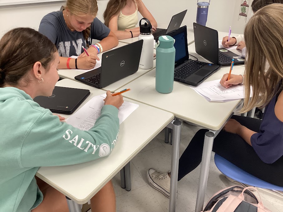 From left, Sadie Nichols, Harper Whitney, Brianna Poliquin, Addie Cetrone, and Mia Mendez use their computers to do work in their English class. With the introduction of the personal device policy, all NHS students must use these school-issued Chromebooks. 